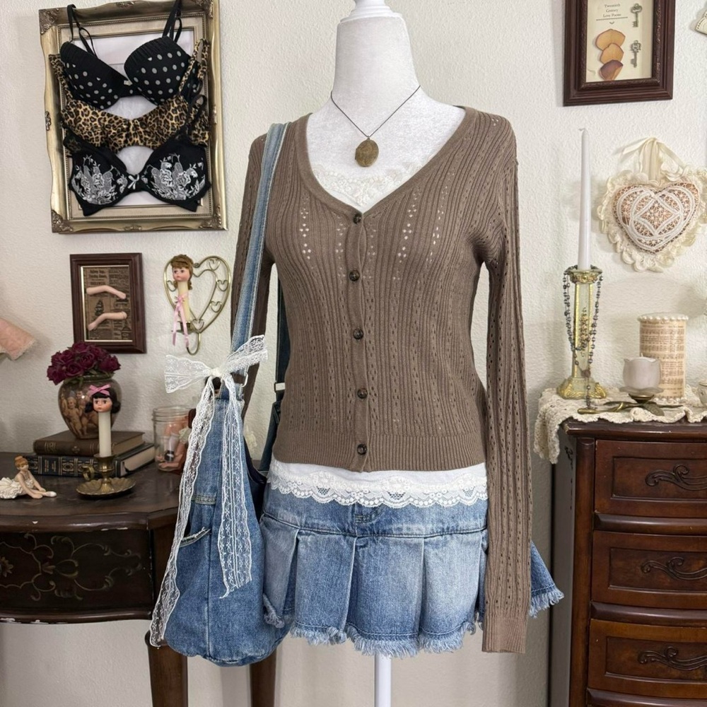 fairy grunge boho brown cropped cardigan - Picture 2 of 5